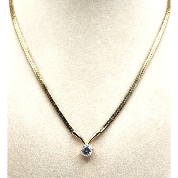 Solitaire Cubic Zirconia Prong Set  15" V Shape Necklace - Picture 4 of 4